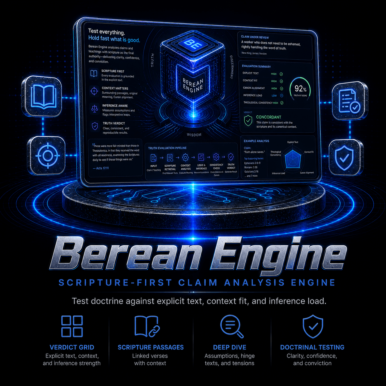 Berean Engine — scripture-first claim analysis engine. Tests doctrine against explicit text, context fit, and inference load. Features verdict grid, scripture passages, deep dive mode, and doctrinal testing.